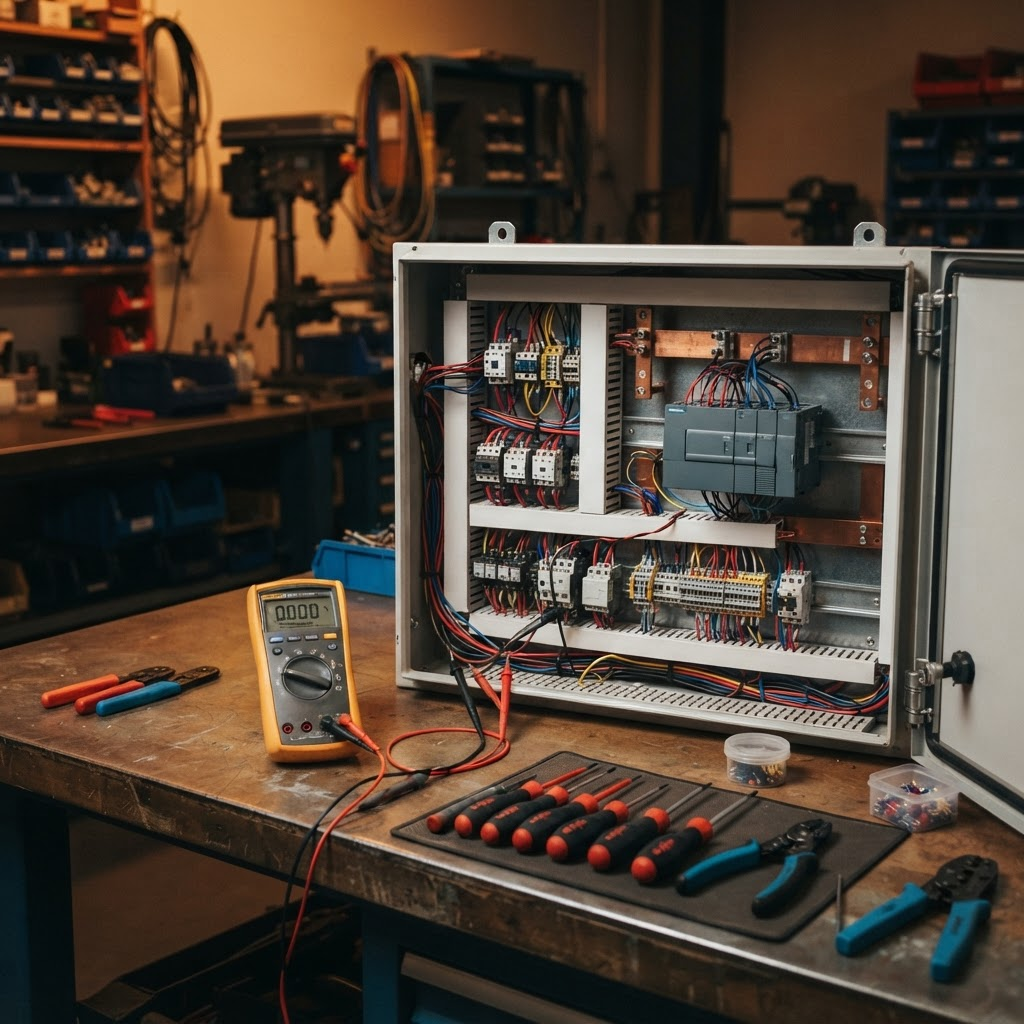 Electrical repair workbench with an open automation control panel and diagnostic tools