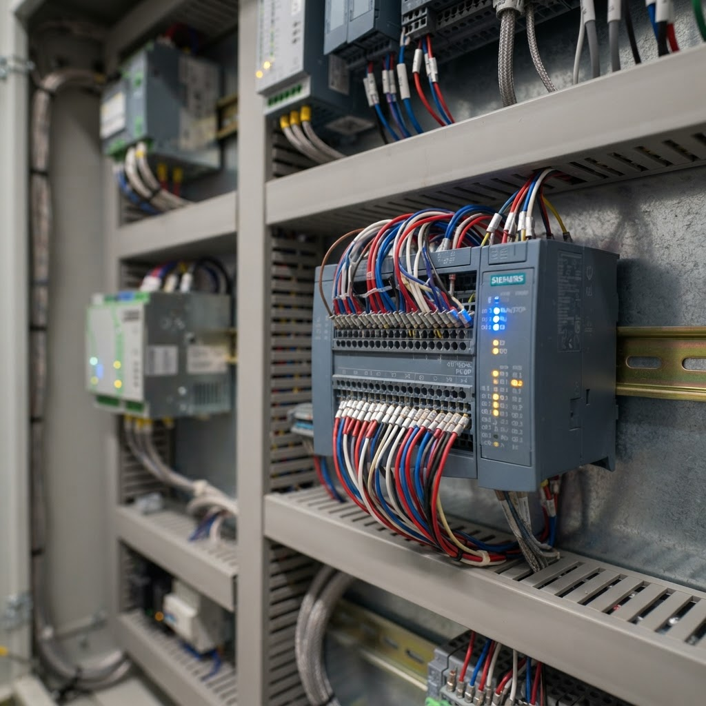 Close-up of automation control cabinet wiring and indicator lights