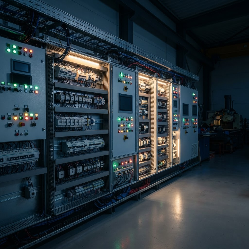 Illuminated industrial automation control panel with switchgear and indicator lights